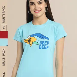 Fabflee Women Blue & Red Pack Of 2 Typography Printed Cotton T-shirt-picture-39