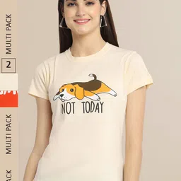 Fabflee Women Off White & Orange Pack Of 2 Printed Cotton T-shirt-picture-16