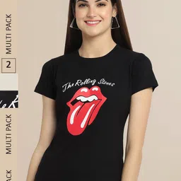 Fabflee Women Black & Beige Pack Of 2 Typography Printed Cotton T-shirt-picture-40