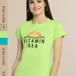 Fabflee Women Lime Green & Turquoise Blue Typography Printed Pack of 2 Cotton T-shirt-image-5