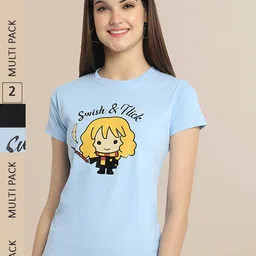 Fabflee Women Blue & Black Pack Of 2 Printed Cotton T-shirt-picture-21