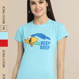 Fabflee Women Red & Blue Pack of 2 Typography Printed Cotton T-shirt-image-58