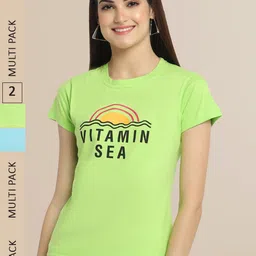 Fabflee Women Sea Green & Blue Pack of 2 Typography Printed Cotton T-shirt-image-82