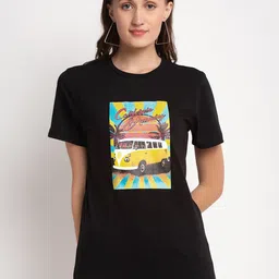 DOOR74 Women Black Printed C ottonT-shirt-image-68