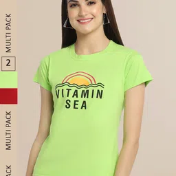 Fabflee Women Pack Of 2 Lime Green & Red Printed T-shirt-picture-15