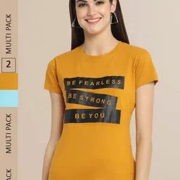 Fabflee Women Pack Of 2 Mustard Yellow & Turquoise Blue Typography Printed Cotton T-shirt-image-31