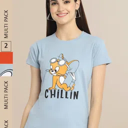 Fabflee Women Blue & Orange Pack Of 2 Typography Printed Cotton T-shirt-picture-13