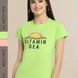Fabflee Women Pack Of 2 Lime Green & Peach-Coloured Printed T-shirt-image-90