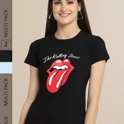 Fabflee Women Pack Of 2 Black & Blue Printed T-shirt-image-89