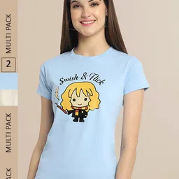 Fabflee Women Blue & Cream Pack of 2 Typography Printed Cotton T-shirt-picture-36