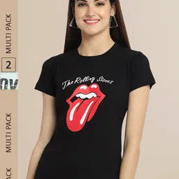 Fabflee Women Pack Of 2 Black & Blue Printed T-shirt-image-38