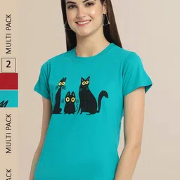 Fabflee Women Green & Red Pack Of 2 Printed Cotton T-shirt-picture-28