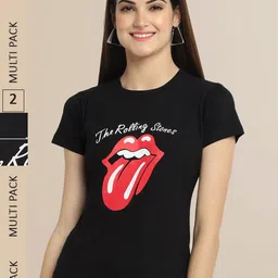 Fabflee Women Black Pack Of 2 Typography Printed Cotton T-shirt-picture-30