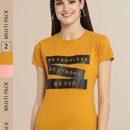 Fabflee Women Pack Of 2 Mustard Yellow & Peach Typography Printed Cotton T-shirt-image-68