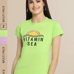 Fabflee Women Green & Purple Pack of 2 Typography Printed Cotton T-shirts-image-31