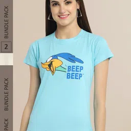 Fabflee Women Pack Of 2 Turquoise Blue & Beige Printed Cotton T-shirt-picture-38