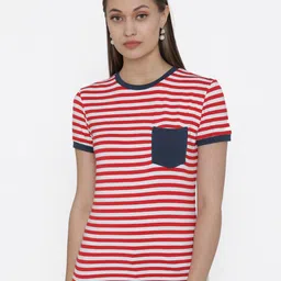 DOOR74 Women Red & White Striped Cotton T-shirt-image-67