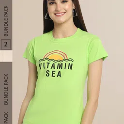 Fabflee Women Pack Of 2 Lime Green & Beige Printed Cotton T-shirt-image-97