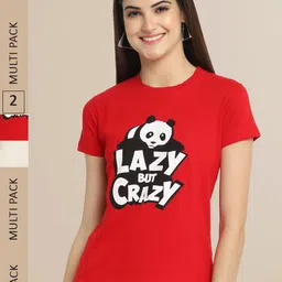 Fabflee Women Red & Off White Pack of 2 Typography Printed Cotton T-shirts-image-4