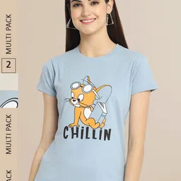 Fabflee Women Blue & Cream-Coloured Pack of 2 Graphic Printed Cotton T-shirts-image-13