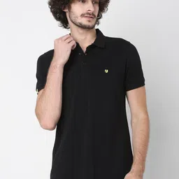UnderJeans by Spykar Men Black Solid Cotton Polo Collar Lounge Tshirts image 1