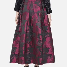 Orchid Blues Women Black & Burgundy Floral Printed Silk Skirt image 3