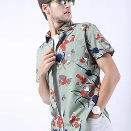 HIGHLANDER Men Green Slim Fit Floral Printed Casual Shirt image 4