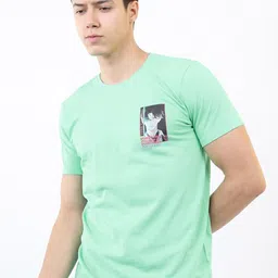 HIGHLANDER Men Green Printed Raw Edge Slim Fit T-shirt image 4