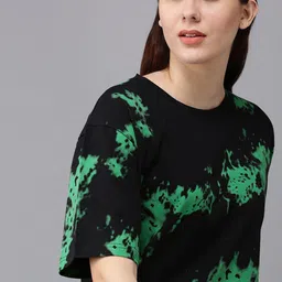 JUNEBERRY Women Black & Green Abstract Printed Cotton T-shirt image 5