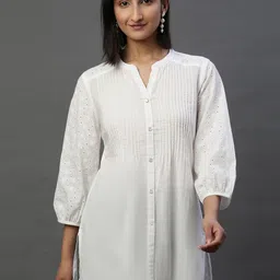 AURELIA Self design Mandarin Collar Puff Sleeves Pure Cotton Shirt Style Top-picture-15