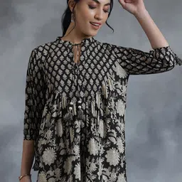 Libas Floral Printed Pure Cotton Pleated A-Line Kurti-image-79