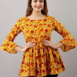 SHOOLIN Floral Printed Bell Sleeves Pure Cotton Pleated A-Line Kurti-picture-17