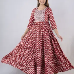 Mizaz Floral Embroidered Sequined Anarkali Cotton Kurta-image-47