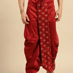 here&now x sanwara Sanwara Men Red Embroidered Art Silk Dhotis-picture-35