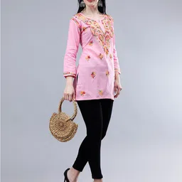 Seva Chikan Ethnic Motifs Three-Quarter Sleeves Round Neck Embroidered Chikankari Kurti-picture-26