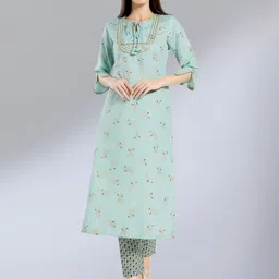 MADHURAM Women Blue & Gold-Toned Floral Printed Keyhole Neck Gotta Patti Kurta-picture-18
