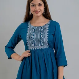 SHOOLIN Ethnic Motifs Embroidered Thread Work Detailed A-Line Kurti-picture-17