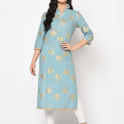 antaran Blue & Gold-Toned Floral Foil Printed Pure Cotton Kurta-picture-32