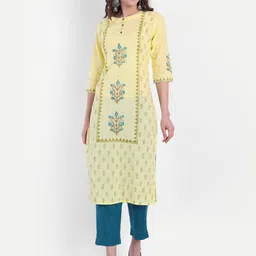 SUTI Women Yellow & Olive Green Ethnic Motifs Hand Block Printed Straight Cotton Kurta-image-77