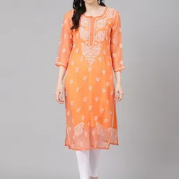 ADA Women Orange & Off-White Sheer Chikankari Embroidered Straight Sustainable Handloom Kurta with Inner image 1