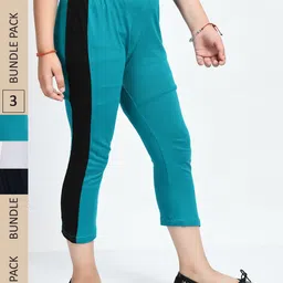 IndiWeaves Girls Pack Of 3 Colourblocked Pure Cotton Capris-picture-47