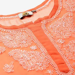 ADA Women Orange & Off-White Sheer Chikankari Embroidered Straight Sustainable Handloom Kurta with Inner image 2