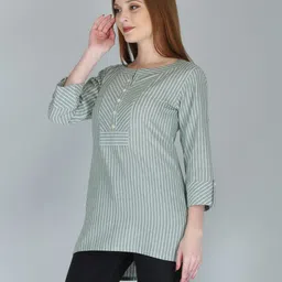 HERE&NOW Green & White Vertical Striped Kurti image 3