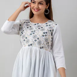 SHOOLIN Floral Embroidered Round Neck Thread Work A-Line Kurti image 5