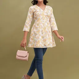 FERANOID Floral Printed Angrakha A-Line Pure Cotton Kurti image 4