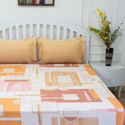 Orange Geometric 144 TC Cotton Queen Sized Bed Sheets with 2 Pillow Covers by GM Fabrics image 2