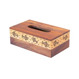 unravel india Fusion Fish Motif Brown Sheesham Wood Tissue Holder image 4