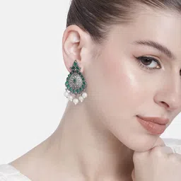 AITIHYA Silver-Plated Stones-Studded Teardrop Shaped Oxidised Drop Earrings image 1