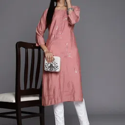 Varanga Women Floral Embroidered Thread Work Pastels Silk Kurta image 5