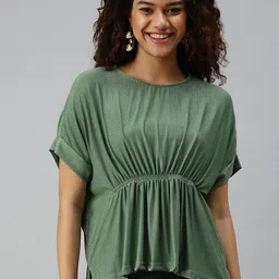 SHOWOFF Women Green Extended Sleeves Cinched Waist Top-picture-23